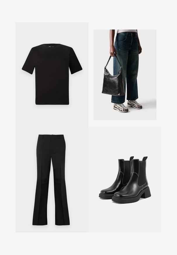 Fekete, rövid ujjú póló, kerek nyakkal, puha pamutból készült. Egyszerű dizájn, nincs látható logó vagy minta.; Fekete, enyhén bővülő nadrág sima anyagból, lapos elülső résszel, oldalsó zsebekkel és klasszikus derékpánttal, övfuttatókkal.; Fekete bőr Chelsea csizmák masszív sarkakkal, rugalmas oldalsó panelekkel és kontrasztos fehér varrással. Texturált felület.; Fekete bőr válltáska sima textúrával és állítható pánttal, melyet elnyűtt, bő szárú farmernadrággal és sportcipőkkel párosítottak.