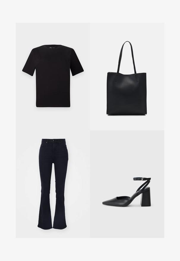 Camiseta negra de manga corta con cuello redondo, fabricada en suave algodón. Diseño simple, sin logos ni patrones visibles.; Jeans acampanados de color azul oscuro con cintura alta, hechos de mezclilla, que cuentan con un estilo clásico de cinco bolsillos y cierre de cremallera.; Zapato de tacón puntiagudo de cuero negro con tira en el tobillo y tacón ancho. Textura plana, diseño elegante y estética minimalista.; Bolso tote de cuero negro con textura lisa, forma rectangular y dos asas largas. Sin herrajes ni adornos visibles.