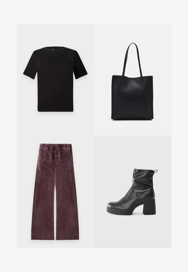 Black short-sleeve t-shirt with a round neckline, crafted from soft cotton fabric. Simple design, no visible logos or patterns.; Wide-leg corduroy pants in a deep mauve color, featuring an elastic waistband, drawstring closure, and two large front pockets.; Black ankle boots made of smooth leather, featuring a side zipper, chunky textured heel, and rounded toe design.; Black leather tote bag with smooth texture, rectangular shape, and two long handles. No visible hardware or embellishments.