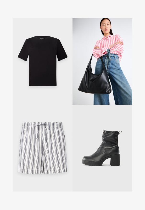 Schwarzes T-Shirt mit kurzen Ärmeln und Rundhalsausschnitt, aus weichem Baumwollmaterial gefertigt. Schlichtes Design, keine sichtbaren Logos oder Muster.; Gestreifte Shorts in Weiß und Marineblau, mit einem Kordelzugbund, einem lockeren Schnitt und einem weichen, leichten Stoff. Glatte Textur und lässiges Design.; Schwarze Stiefeletten aus glattem Leder mit seitlichem Reißverschluss, klobigem strukturiertem Absatz und runder Zehenform.; Schwarze Leder-Umhängetasche mit einer lässigen Form und Nahtdetails. Das Modell trägt ein pink-weiß gestreiftes Hemd zu weit geschnittenen blauen Jeans.