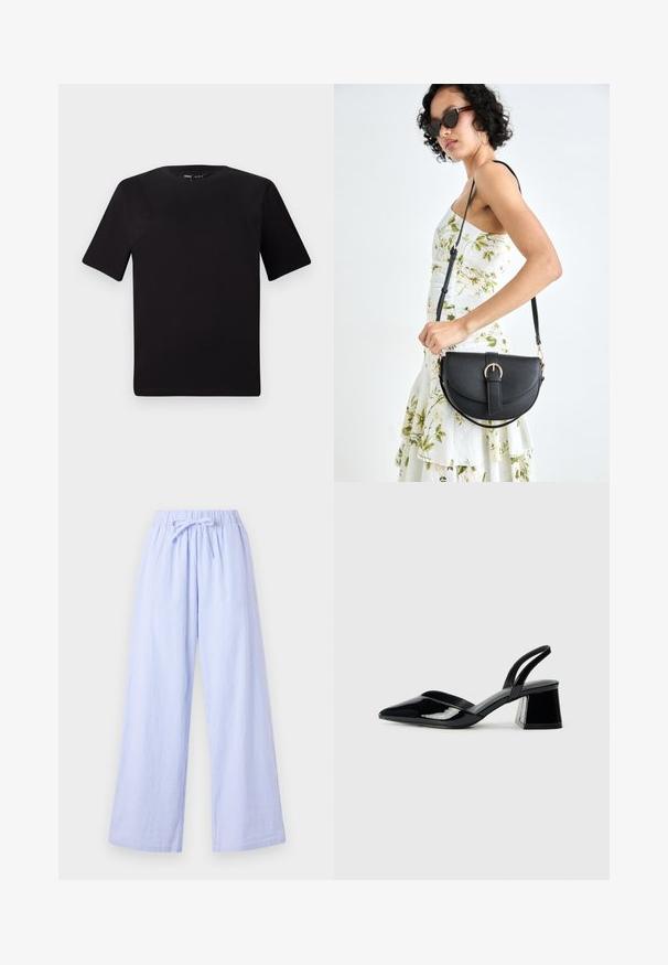 Czarna koszulka z krótkim rękawem o okrągłym dekolcie, wykonana z miękkiej bawełny. Prosty design, bez widocznych logo ani wzorów.; Jasnoniebieskie, w paski, szerokie spodnie z elastycznym pasem i regulowanym sznurkiem. Wykonane z miękkiego materiału z pionowymi paskami dla tekstury.; Czarne lakierowane półbuty na obcasie z wydłużonym noskiem i geometrycznym słupkiem. Charakteryzują się eleganckim, minimalistycznym designem oraz gładką fakturą.; Czarna skórzana torebka o zakrzywionym kształcie, z odpinanym paskiem i złotymi akcentami. Torebka posiada klapę z zapięciem w kształcie klamry.