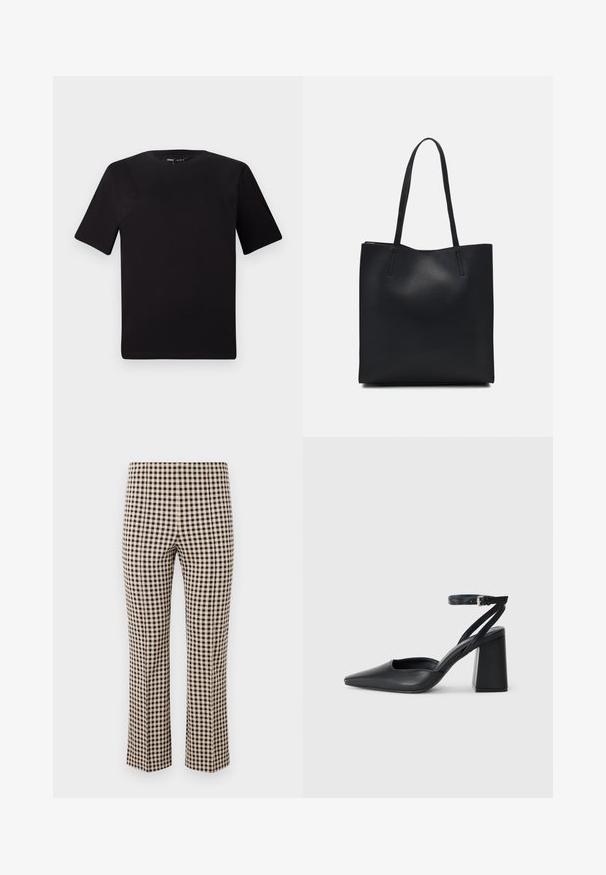 Sort kortærmet t-shirt med rund halsudskæring, lavet af blødt bomuldsstof. Enkel design, ingen synlige logoer eller mønstre.; Bordeaux og creme gingham-check bukser med lige ben design, der har en glat stofstruktur og en høj talje.; Sort læder spidse pumps med ankelrem og en chunky hæl. Flad tekstur, slankt design og minimalistisk æstetik.; Sort læder tote taske med glat tekstur, rektangulær form og to lange hanke. Ingen synlig hardware eller udsmykninger.
