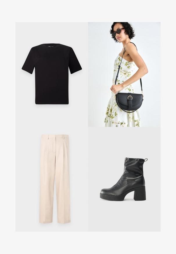 Tricou scurt negru cu mânecă scurtă și guler rotund, realizat dintr-un material de bumbac moale. Design simplu, fără logo-uri sau modele vizibile.; Pantaloni bej cu pliuri, realizați dintr-un material neted. Au un tiv cu bucle pentru curea și un design cu picioare drepte, fără buzunare vizibile.; Bocanci negri de glezna din piele netedă, cu fermoar lateral, toc texturat și masiv, și design cu vârf rotund.; Geantă din piele neagră, cu o formă curbată, curea detașabilă și accesorii aurii. Geanta are un capac cu un detaliu tip cataramă.