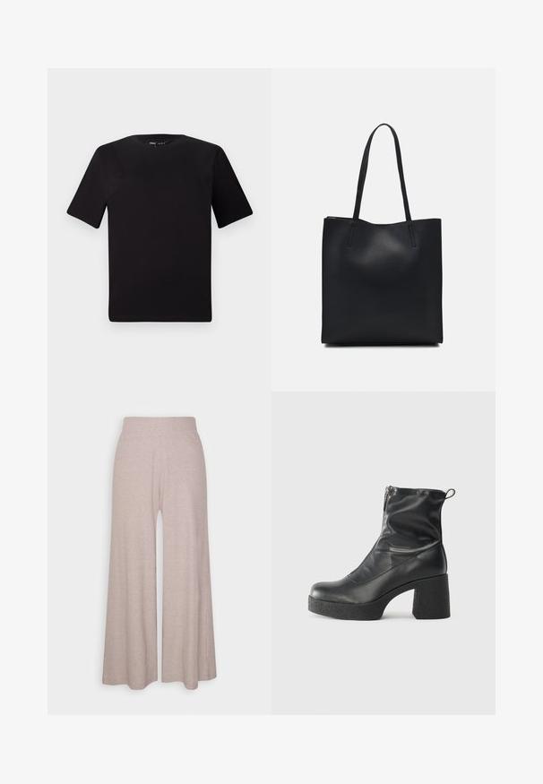 Svart t-skjorte med korte ermer og rund hals, laget av mykt bomullsstoff. Enkelt design, ingen synlige logoer eller mønstre.; Lys grå vide ben bukser laget av mykt, ribbestrikket stoff, med høy midje og hel lange ben med subtil tekstur.; Svarte ankelstøvler laget av glatt lær, med glidelås på siden, chunky strukturert hæl, og rund tå-design.; Svart lær tote bag med glatt tekstur, rektangulær form og to lange håndtak. Ingen synlige deler eller dekorasjoner.