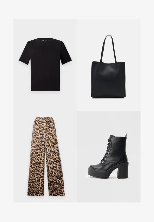 Crna majica kratkih rukava s okruglim izrezom, izrađena od mekane pamučne tkanine. Jednostavan dizajn, bez vidljivih logotipa ili uzoraka.; Široke hlače s leopard uzorkom u bež i crnoj boji, s elastičnom strukom i glatkom teksturom.; Crne kožne gležnjače s masivnom blok petom, vezanjem sprijeda i teksturiranom površinom. Imaju uzicu straga za lakše oblačenje.; Crna kožna torba za nošenje s glatkom teksturom, pravokutnim oblikom i dvije duge ručke. Nema vidljivih metalnih dijelova ili ukrasa.