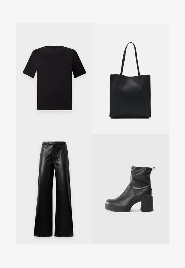 Svart kortärmad t-shirt med rund halsringning, tillverkad i mjukt bomullstyg. Enkelt mönster, utan synliga logotyper eller mönster.; Svarta högmidjade vida byxor i konstläder med framknapp, dragkedjestängning, bältesöglor och sidofickor på vit bakgrund.; Svarta ankelstövlar i slitstark läder, med sidodragkedja, kraftig strukturerad klack och rundad tådesign.; Svart lädertoffelväska med slät textur, rektangulär form och två långa handtag. Ingen synlig hårdvara eller dekorationer.