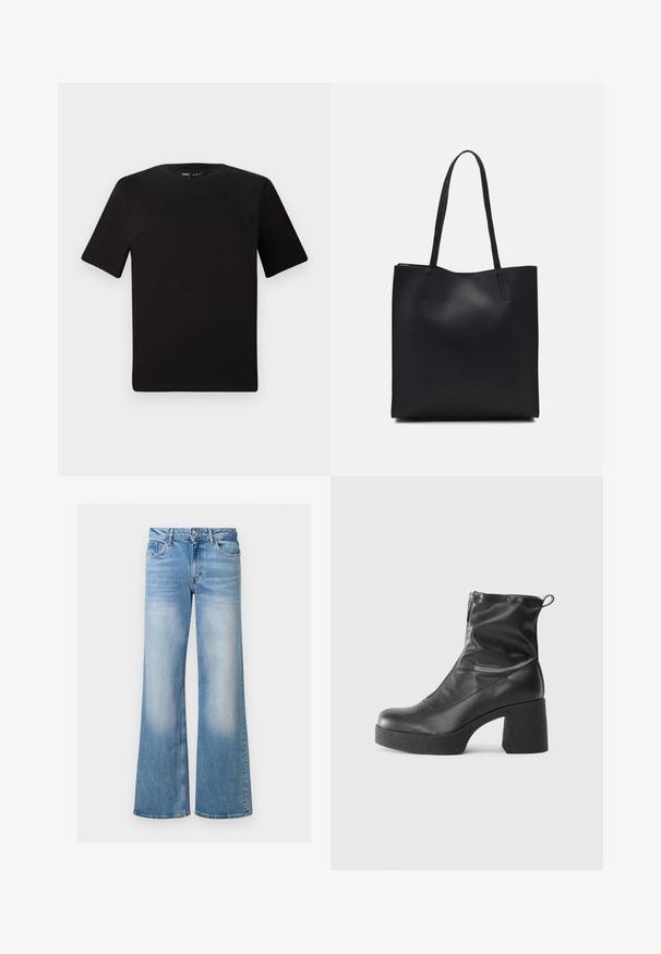 Μαύρο κοντομάνικο μπλουζάκι με στρογγυλή λαιμόκοψη, κατασκευασμένο από απαλό βαμβακερό ύφασμα. Απλός σχεδιασμός, χωρίς ορατά λογότυπα ή μοτίβα.; Ανοιχτό μπλε τζιν με φαρδιά μπάσες, με ξεθωριασμένη υφή, ψηλή μέση και σχέδιο πέντε τσεπών, διαθέτοντας κούμπωμα και φερμουάρ.; Μαύρες μποτές μέχρι τον αστράγαλο από λείο δέρμα, με πλευρικό φερμουάρ, χοντρό υφασμάτινο τακούνι και στρογγυλή μύτη.; Μαύρη δερμάτινη τσάντα tote με λείο υφή, ορθογώνιο σχήμα και δύο μακριές λαβές. Χωρίς ορατό υλικό ή διακοσμητικά στοιχεία.