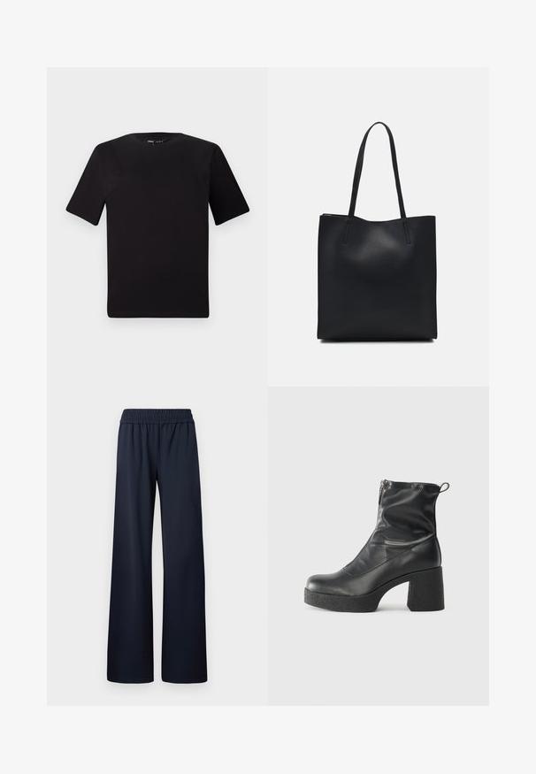 Black short-sleeve t-shirt with a round neckline, crafted from soft cotton fabric. Simple design, no visible logos or patterns.; Navy blue wide-leg trousers, made of smooth fabric, featuring an elastic waistband and full-length design with no additional details.; Black ankle boots made of smooth leather, featuring a side zipper, chunky textured heel, and rounded toe design.; Black leather tote bag with smooth texture, rectangular shape, and two long handles. No visible hardware or embellishments.