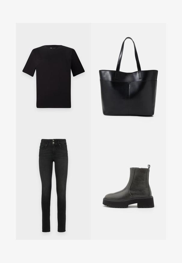 Tricou scurt negru cu mânecă scurtă și guler rotund, realizat dintr-un material de bumbac moale. Design simplu, fără logo-uri sau modele vizibile.; Jeans skinny negre din denim cu talie înaltă, dotate cu două buzunare frontale și un design cu două butoane la închidere. Textură netedă.; Cizme negre până la gleznă cu un exterior sintetic neted, panouri laterale elastice, un mâner pentru a fi încape mai ușor și o talpă din cauciuc robustă.; Geantă oversized din piele neagră, cu două mânere lungi, de textură netedă și formă structurată. Are un buzunar frontal pentru stocare suplimentară.