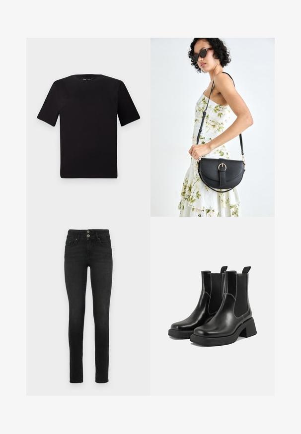 Tricou scurt negru cu mânecă scurtă și guler rotund, realizat dintr-un material de bumbac moale. Design simplu, fără logo-uri sau modele vizibile.; Jeans skinny negre din denim cu talie înaltă, dotate cu două buzunare frontale și un design cu două butoane la închidere. Textură netedă.; Botine Chelsea din piele neagră, cu toc masiv, panouri laterale elastice și cusături albe contrastante. Finisaj texturat.; Geantă din piele neagră, cu o formă curbată, curea detașabilă și accesorii aurii. Geanta are un capac cu un detaliu tip cataramă.