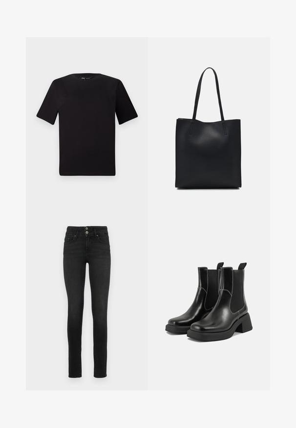 Must olema lühikeste varrukatega must t-särk ümmarguse kaelusega, valmistatud pehmest puuvillast kangast. Lihtne disain, ilma nähtavate logode või mustriteta.; Mustad teksased, kõrge vöökoha ja kaks esist pocketit, kahe nupuga kinnitusega. Sile tekstuur.; Must musta Chelsea saapad, millel on paks konts, elastsed külgpaneelid ja kontrastne valge õmblus. Tekstuuriga viimistlus.; Mustast nahast kott sujuva tekstuuriga, ristkülikukujuline ja kahe pika sangaga. Pole nähtavat riistvara ega kaunistusi.