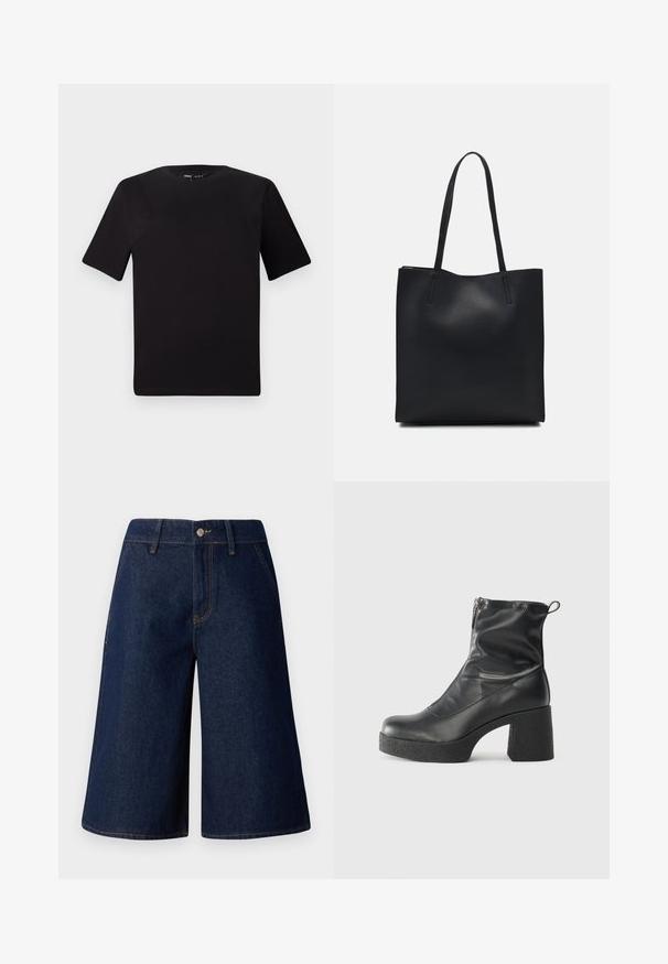 Juodas trumpas rankovės marškinėlis su apvaliu iškirpimu, pagamintas iš minkštos medvilnės medžiagos. Paprastas dizainas, be matomų logotipų ar raštų.; Tamsiai mėlynos džinsinės kelnes su plačiu kirpimu. Yra priekinės kišenės, mygtukų užsegimas ir kontrastinga geltona siuvimo linija palei siūles.; Juodos kulkšninių botai, pagaminti iš lygaus odos, su šoniniu užtrauktuku, masyviu tekstūruotu kulnu ir apvaliu pirštu.; Juodas odinis tote krepšys su lygia tekstūra, stačiakampio formos ir dviem ilgais rankenomis. Matomų metalinių detalių ar puošybos nėra.