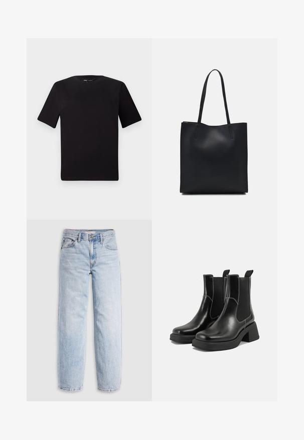 Black short-sleeve t-shirt with a round neckline, crafted from soft cotton fabric. Simple design, no visible logos or patterns.; Light blue denim jeans with a high waist, relaxed fit, straight legs, and a classic five-pocket design. Visible fading and stitching details.; Black leather Chelsea boots with a chunky heel, elastic side panels, and contrasting white stitching. Textured finish.; Black leather tote bag with smooth texture, rectangular shape, and two long handles. No visible hardware or embellishments.