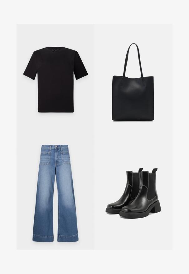 Črna majica s kratkimi rokavi in okroglim izrezom, izdelana iz mehkega bombažnega materiala. Preprost dizajn, brez vidnih logotipov ali vzorcev.; Široke jeans hlače iz modrega denima z visokim pasom, dvema sprednjima žepekoma in dvema zadnjima žepekoma, s čistim zaključkom in diskretnim izblitjem.; Črne usnjene Chelsea škornje s širokim petami, elastičnimi stranskimi ploščami in kontrastnim belim šivanjem. Teksturirana površina.; Črna usnjena torba s svilnato teksturo, pravokotne oblike in dvema dolgima ročajema. Brez vidnih metalnih delov ali okrasnih elementov.