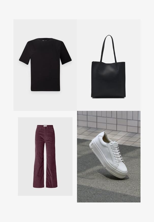 Svart kortärmad t-shirt med rund halsringning, tillverkad i mjukt bomullstyg. Enkelt mönster, utan synliga logotyper eller mönster.; Bordeaux vida byxor i kord med knapp- och dragkedjestängning, framfickor och bälteshällor mot en slät grå bakgrund.; Vit lädersneaker med låg design, platta snören, rundad tå och texturerade sidor. Tjock gummisula med subtila detaljer.; Svart lädertoffelväska med slät textur, rektangulär form och två långa handtag. Ingen synlig hårdvara eller dekorationer.
