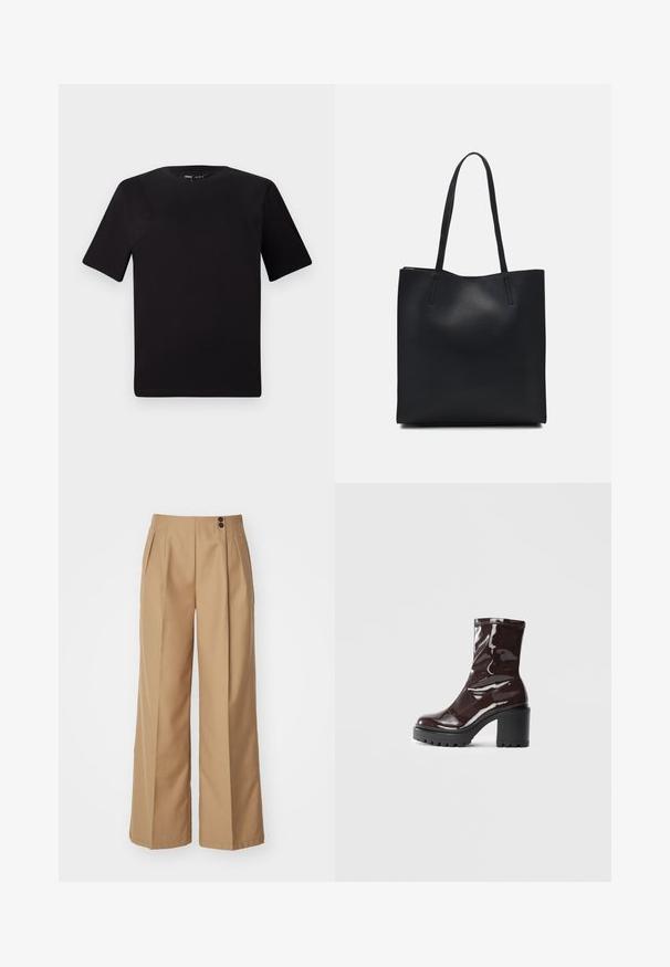 Fekete, rövid ujjú póló, kerek nyakkal, puha pamutból készült. Egyszerű dizájn, nincs látható logó vagy minta.; Széles lábú nadrág bézs anyagból, két elülső pliszével, magas derékkal és két barna gombbal a derékrészen. Sima textúra.; Fényes bordó bokacsizma vastag fekete sarokkal, sima felülettel és egyszerű dizájnnal. Nincsenek látható zárak vagy minták.; Fekete bőrtáska sima felszínnel, téglalap alakú, két hosszú füllel. Nincs látható fémkiegészítő vagy díszítés.