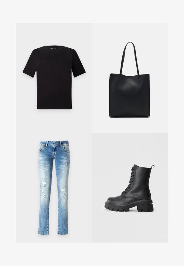 Črna majica s kratkimi rokavi in okroglim izrezom, izdelana iz mehkega bombažnega materiala. Preprost dizajn, brez vidnih logotipov ali vzorcev.; Svetlo modri jeans iz denima z sproščenim krojem, ki imajo obrabljene podrobnosti, gumbasto zapiranje z dvema gumboma in ravno krojene hlačnice.; Črne usnjene čevlje z vezalkami in debelim podplatom, zaobljenim nosom ter teksturirano zgornjo plastjo. Imajo kovinske zanke in majhen zanka na hrbtni strani.; Črna usnjena torba s svilnato teksturo, pravokotne oblike in dvema dolgima ročajema. Brez vidnih metalnih delov ali okrasnih elementov.