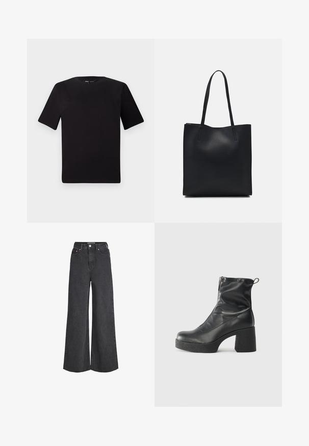 Musta lyhythihainen t-paita pyöreällä kaula-aukolla, valmistettu pehmeästä puuvillakankaasta. Yksinkertainen malli, ei näkyviä logoja tai kuvioita.; Korkeavyötäröiset mustat leveälahkeiset farkut, joissa on etunappi ja vetoketju, viisi taskua ja raakahelma.; Mustat nilkkurit, jotka on valmistettu sileästä nahasta. Niissä on sivuvetoketju, paksu teksturoitu korko ja pyöristetty kärki.; Mustapahkainen kangaskassi, jossa on sileä pinta, suorakaiteen muotoinen ja kaksi pitkää kahvaa. Ei näkyvää metalliosaa tai koristeita.