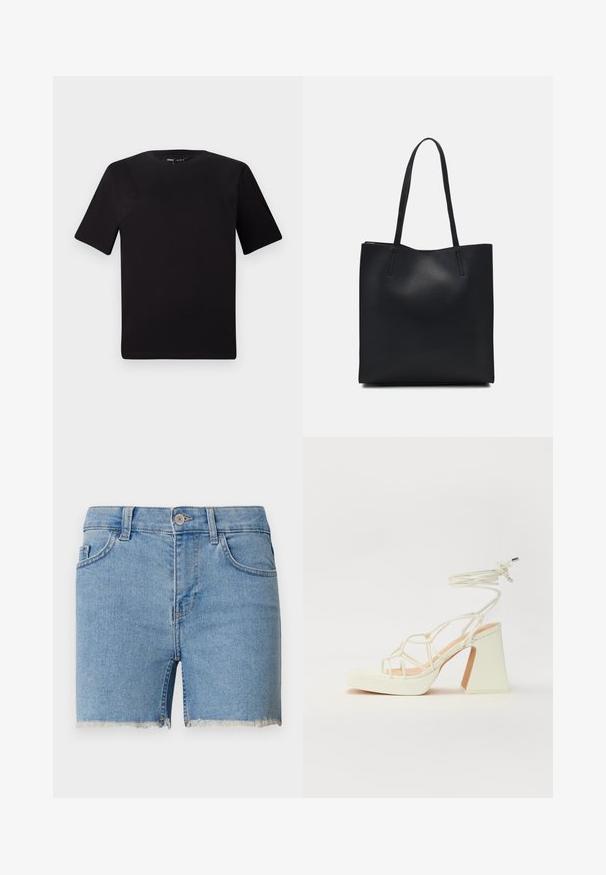 Čierne tričko s krátkym rukávom a okrúhlym výstrihom, vyrobené z mäkkej bavlny. Jednoduchý dizajn, bez viditeľných log alebo vzorov.; Džínsové šortky svetlo modrej farby s roztrhnutým lemom, dizajnom s piatimi vreckami a pútkami na opasok. Zapínanie na gombík v páse.; Biele sandále na vysokom opätku s hrubým podpätkom, s pruhovaným dizajnom a viazaním na členku. Hladký povrch s platformou vpredu pre zvýšenú výšku.; Čierna kožená taška na rameno s hladkým povrchom, obdĺžnikovým tvarom a dvoma dlhými uchami. Bez viditeľného kovania alebo ozdôb.