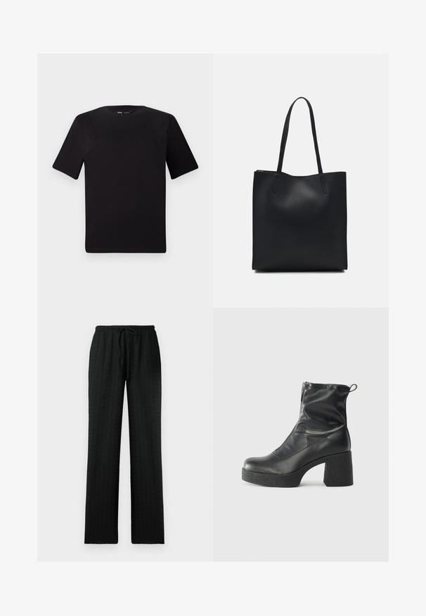 Black short-sleeve t-shirt with a round neckline, crafted from soft cotton fabric. Simple design, no visible logos or patterns.; Black, textured, wide-leg trousers with an elastic waistband and adjustable drawstring; designed for comfort and a relaxed fit.; Black ankle boots made of smooth leather, featuring a side zipper, chunky textured heel, and rounded toe design.; Black leather tote bag with smooth texture, rectangular shape, and two long handles. No visible hardware or embellishments.