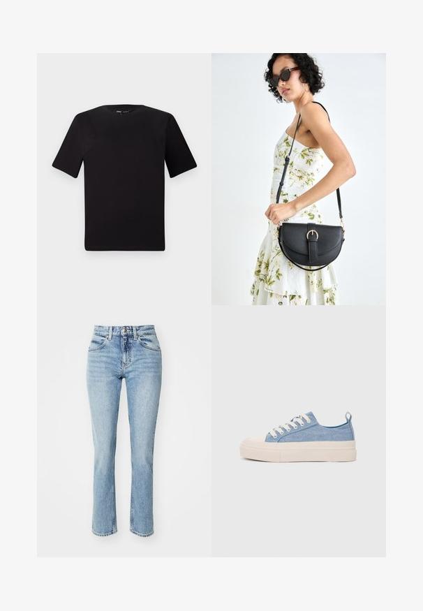 Tricou scurt negru cu mânecă scurtă și guler rotund, realizat dintr-un material de bumbac moale. Design simplu, fără logo-uri sau modele vizibile.; Blugi din denim bleumarin deschis, cu talie înaltă, croială dreaptă și decolorare subtilă. Prezintă un stil clasic cu cinci buzunare și închidere cu nasture.; Sneakers din pânză de culoare albastru deschis, cu vârf și talon din cauciuc crem, având șireturi albe și un maner pe călcâi.; Geantă din piele neagră, cu o formă curbată, curea detașabilă și accesorii aurii. Geanta are un capac cu un detaliu tip cataramă.
