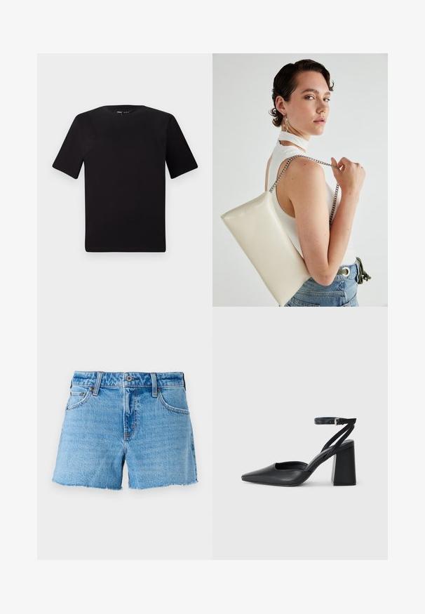 Black short-sleeve t-shirt with a round neckline, crafted from soft cotton fabric. Simple design, no visible logos or patterns.; Denim shorts in light blue, featuring a raw edge hem, five-pocket design, and brass button closure. Smooth texture with slight fading.; Black leather pointy-toe pump with an ankle strap and a chunky heel. Flat texture, sleek design, and minimalistic aesthetics.; White rectangular clutch bag made of glossy material, featuring a silver chain strap. Model poses, showcasing the bag against a plain background.