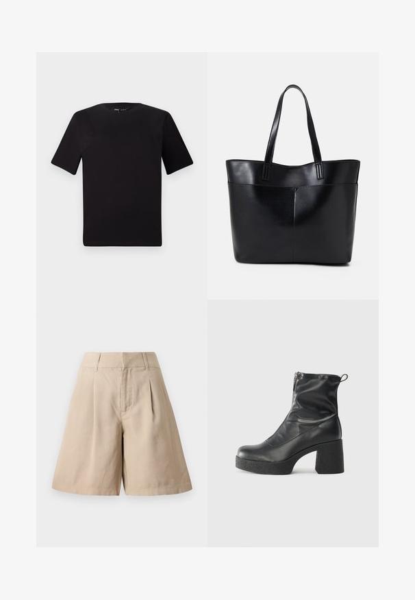 Tricou scurt negru cu mânecă scurtă și guler rotund, realizat dintr-un material de bumbac moale. Design simplu, fără logo-uri sau modele vizibile.; Pantaloni scurți bej din bumbac cu pliuri, având o talie înaltă și un croi drept. Textura netedă și designul croit conferă un aspect structurat.; Bocanci negri de glezna din piele netedă, cu fermoar lateral, toc texturat și masiv, și design cu vârf rotund.; Geantă oversized din piele neagră, cu două mânere lungi, de textură netedă și formă structurată. Are un buzunar frontal pentru stocare suplimentară.