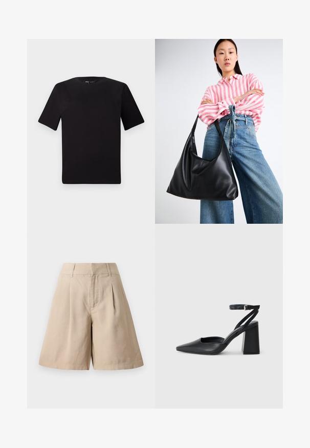 Juodas trumpas rankovės marškinėlis su apvaliu iškirpimu, pagamintas iš minkštos medvilnės medžiagos. Paprastas dizainas, be matomų logotipų ar raštų.; Bežiniai medvilniniai šortai su klostėmis, turintys aukštą liemenį ir tiesų kirpimą. Sklandži tekstūra ir pritaikytas dizainas suteikia struktūrizuotą išvaizdą.; Juoda odinė smailiagalė aukštakulnio bateliai su kulkšnies dirželiu ir storu kulnu. Lygus paviršius, elegantiškas dizainas ir minimalistiška estetinė. ; Juodas odinis peties krepšys su laisvu siluetu ir siūlų detalėmis. Modelis vilki rožinės ir baltos spalvos dryžuotą marškinėlį bei plačius mėlynus džinsus.