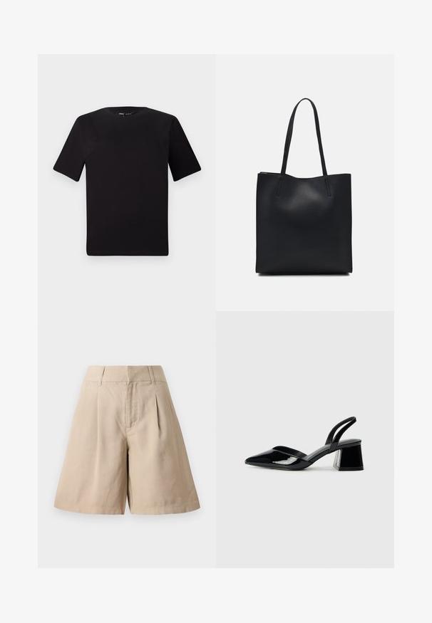 Juodas trumpas rankovės marškinėlis su apvaliu iškirpimu, pagamintas iš minkštos medvilnės medžiagos. Paprastas dizainas, be matomų logotipų ar raštų.; Bežiniai medvilniniai šortai su klostėmis, turintys aukštą liemenį ir tiesų kirpimą. Sklandži tekstūra ir pritaikytas dizainas suteikia struktūrizuotą išvaizdą.; Juodos lakuotos odinės šlepetės su smailiu pirštu ir geometriniu bloko kulnu. Turi elegantišką, minimalistinį dizainą ir lygų paviršių.; Juodas odinis tote krepšys su lygia tekstūra, stačiakampio formos ir dviem ilgais rankenomis. Matomų metalinių detalių ar puošybos nėra.