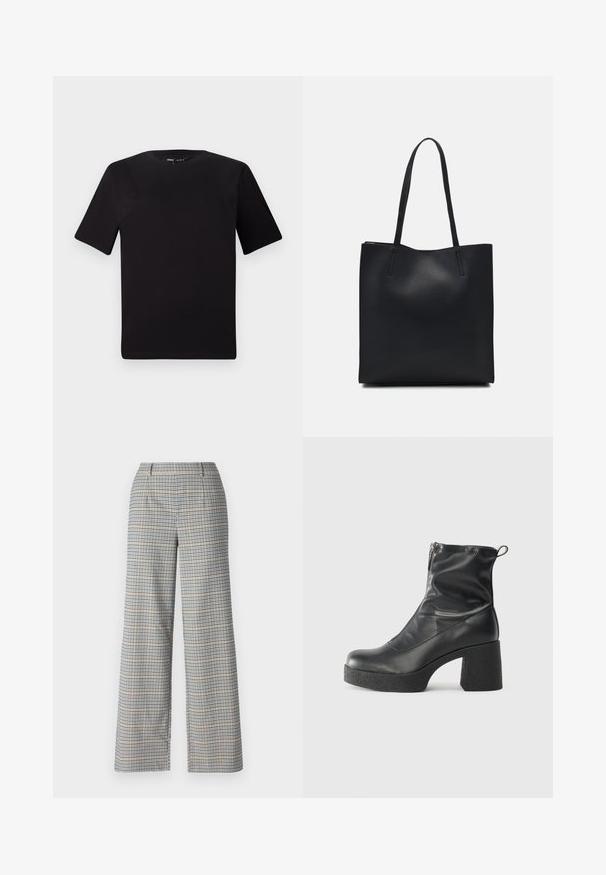 Black short-sleeve t-shirt with a round neckline, crafted from soft cotton fabric. Simple design, no visible logos or patterns.; Wide-leg trousers in a beige, navy, and black check pattern. Features two front pockets and a smooth, structured fabric.; Black ankle boots made of smooth leather, featuring a side zipper, chunky textured heel, and rounded toe design.; Black leather tote bag with smooth texture, rectangular shape, and two long handles. No visible hardware or embellishments.