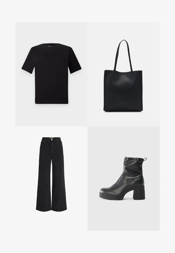 T-shirt preta de mangas curtas com decote redondo, feita de tecido de algodão suave. Design simples, sem logótipos ou padrões visíveis.; Jeans de ganga pretos de perna larga com design de cinco bolsos, cintura alta e fecho de botão. Apresenta costura subtil e um acabamento limpo.; Botas de tornozelo pretas feitas de couro liso, com fecho lateral, salto grosso texturizado e design de bico arredondado.; Bolsa tote preta em couro com textura lisa, forma retangular e duas alças longas. Sem hardware ou enfeites visíveis.