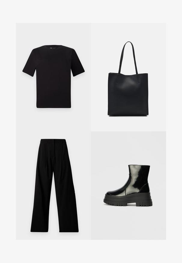 T-shirt preta de mangas curtas com decote redondo, feita de tecido de algodão suave. Design simples, sem logótipos ou padrões visíveis.; Calças pretas de perna larga com alta cintura, apresentando pregas, fecho frontal oculto e marcação mínima na perna esquerda.; Bota de tornozelo preta e brilhante com sola grossa e arredondada, vista lateral sobre fundo cinza claro.; Bolsa tote preta em couro com textura lisa, forma retangular e duas alças longas. Sem hardware ou enfeites visíveis.