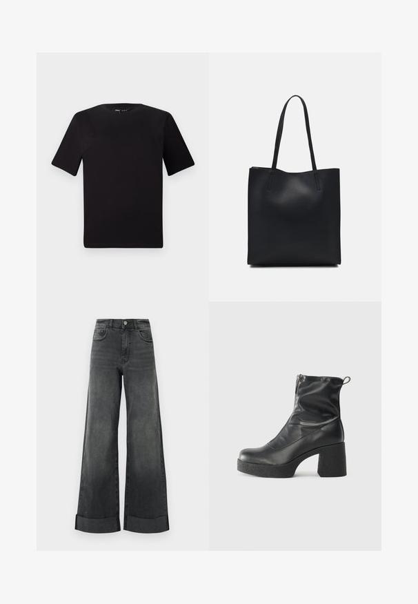Svart t-skjorte med korte ermer og rund hals, laget av mykt bomullsstoff. Enkelt design, ingen synlige logoer eller mønstre.; Høytlivete svarte vide jeans med oppbrett, frontknapp og lommer, vist mot en enkel lys bakgrunn.; Svarte ankelstøvler laget av glatt lær, med glidelås på siden, chunky strukturert hæl, og rund tå-design.; Svart lær tote bag med glatt tekstur, rektangulær form og to lange håndtak. Ingen synlige deler eller dekorasjoner.