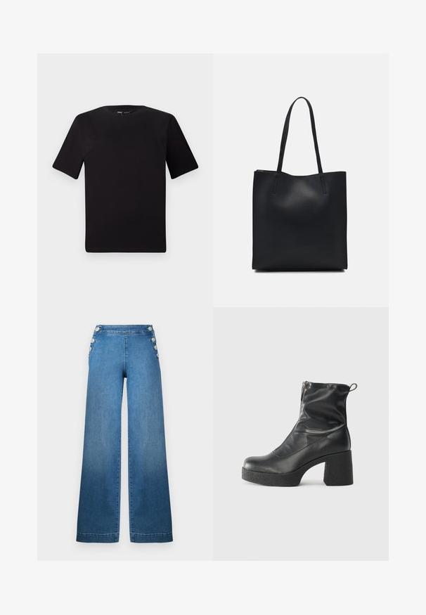 Svart t-skjorte med korte ermer og rund hals, laget av mykt bomullsstoff. Enkelt design, ingen synlige logoer eller mønstre.; Bredder blå denimbukser med høy midje, knappede sidelommer og en ren søm. Stoffet har en jevn tekstur med lett falming.; Svarte ankelstøvler laget av glatt lær, med glidelås på siden, chunky strukturert hæl, og rund tå-design.; Svart lær tote bag med glatt tekstur, rektangulær form og to lange håndtak. Ingen synlige deler eller dekorasjoner.
