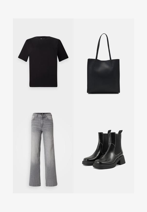 Black short-sleeve t-shirt with a round neckline, crafted from soft cotton fabric. Simple design, no visible logos or patterns.; High-waisted straight-leg gray denim jeans with front button and zipper, front and back pockets, and faded shading on thighs and calves.; Black leather Chelsea boots with a chunky heel, elastic side panels, and contrasting white stitching. Textured finish.; Black leather tote bag with smooth texture, rectangular shape, and two long handles. No visible hardware or embellishments.
