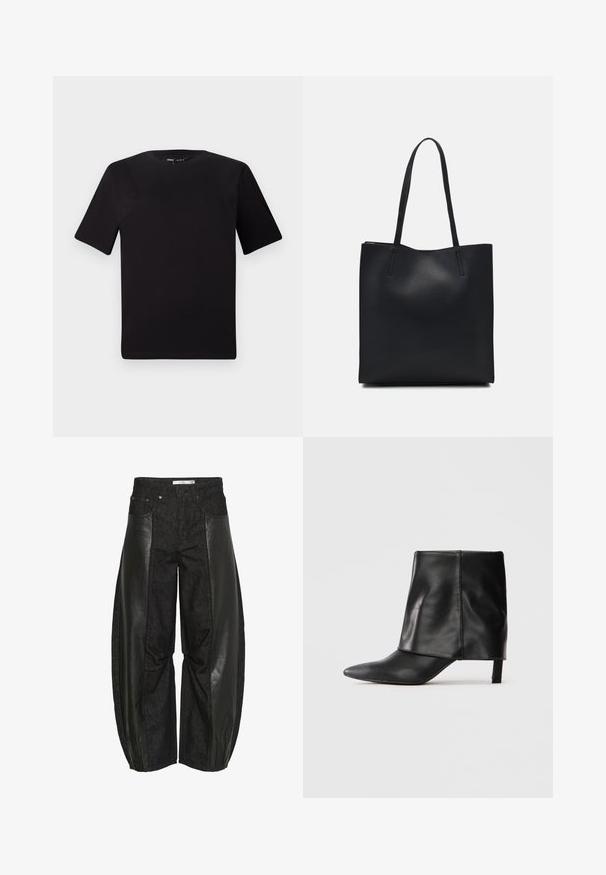 Svart t-skjorte med korte ermer og rund hals, laget av mykt bomullsstoff. Enkelt design, ingen synlige logoer eller mønstre.; Svarte bukser med en blanding av denim og skinnpaneler. Designet har vide ben med teksturvariasjoner som skaper tydelig visuell kontrast.; Svart skinnhalvstøvlett med spiss tå, brettet øvre skaft og slank lav hæl som står på hvit bakgrunn.; Svart lær tote bag med glatt tekstur, rektangulær form og to lange håndtak. Ingen synlige deler eller dekorasjoner.