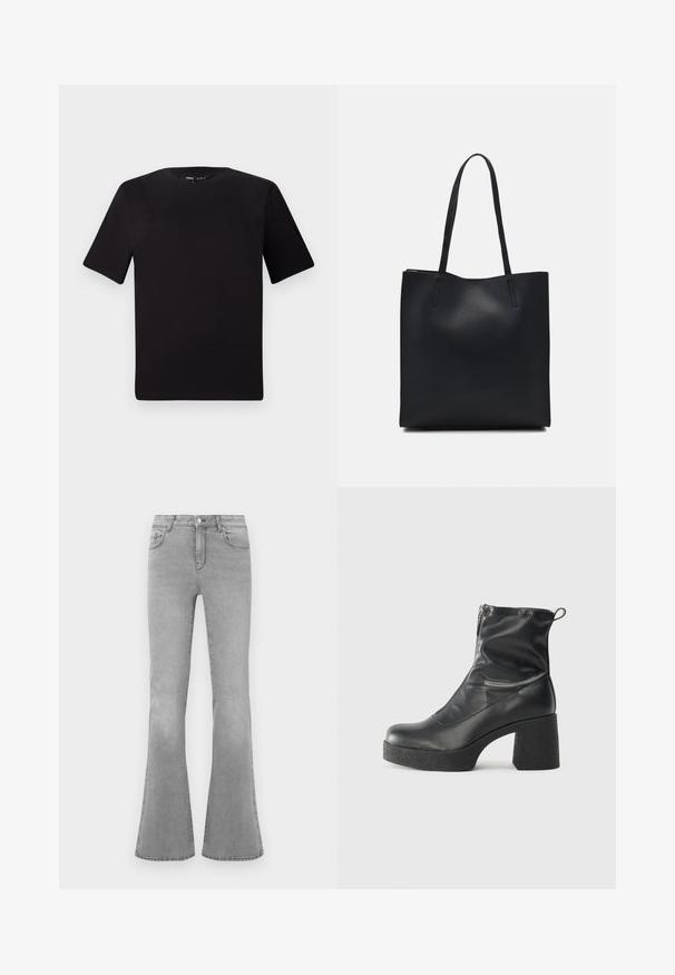 Black short-sleeve t-shirt with a round neckline, crafted from soft cotton fabric. Simple design, no visible logos or patterns.; Gray flared jeans made of denim, featuring a classic five-pocket design, a zipper fly, and subtle fading details along the legs.; Black ankle boots made of smooth leather, featuring a side zipper, chunky textured heel, and rounded toe design.; Black leather tote bag with smooth texture, rectangular shape, and two long handles. No visible hardware or embellishments.