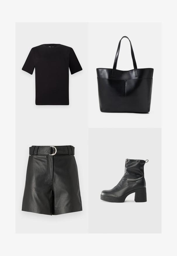 Črna majica s kratkimi rokavi in okroglim izrezom, izdelana iz mehkega bombažnega materiala. Preprost dizajn, brez vidnih logotipov ali vzorcev.; Črne usnjene hlače s širokim pasom in srebrno okroglo zaponko. Gladka tekstura s prilagojenim krojem in prednjim zadrgo.; Črne gležnjarje iz gladke kože z božnim zadrgo, masivnim teksturiranim peto in zaobljeno obliko prstov.; Črna usnjena torba z dvema dolgima ročajema, gladko teksturo in strukturirano obliko. Ima sprednji žep za dodatno shranjevanje.