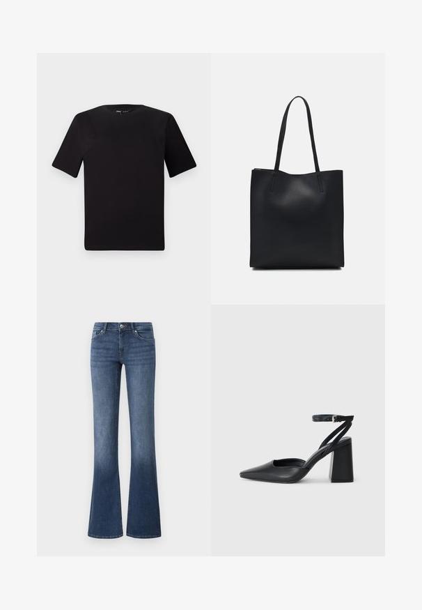 Svart t-skjorte med korte ermer og rund hals, laget av mykt bomullsstoff. Enkelt design, ingen synlige logoer eller mønstre.; Bredde blå jeans laget av denim, med medium vask, fem lommer, og glidelås med knappelukking. Glatt tekstur.; Svart lær pumps med spiss tå, ankelrem og kraftig hæl. Flat tekstur, strømlinjeformet design og minimalisme.; Svart lær tote bag med glatt tekstur, rektangulær form og to lange håndtak. Ingen synlige deler eller dekorasjoner.