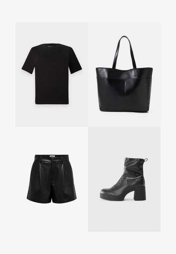 Fekete, rövid ujjú póló, kerek nyakkal, puha pamutból készült. Egyszerű dizájn, nincs látható logó vagy minta.; Fekete műbőr, magas derekú sort övlyukakkal, elülső redőkkel és rejtett cipzáras záródással, az övrész belső oldalán az "ONLY" felirattal.; Fekete bokacsizmák sima bőrből, oldalsó cipzárral, vastag, texturált sarkú és lekerekített orrú dizájnnal.; Fekete bőr bevásárlótáska két hosszú fogantyúval, sima felülettel és strukturált formával. Elülső zseb található rajta a plusz tárolás érdekében.