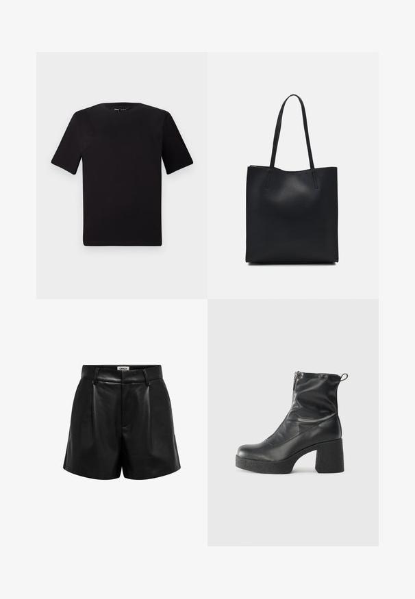 Svart t-skjorte med korte ermer og rund hals, laget av mykt bomullsstoff. Enkelt design, ingen synlige logoer eller mønstre.; Svarte høye shorts i imitert skinn med beltehemper, frontfolder og skjult glidelås, merket "ONLY" på innsiden av midjen.; Svarte ankelstøvler laget av glatt lær, med glidelås på siden, chunky strukturert hæl, og rund tå-design.; Svart lær tote bag med glatt tekstur, rektangulær form og to lange håndtak. Ingen synlige deler eller dekorasjoner.