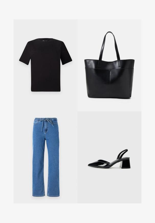 T-shirt preta de mangas curtas com decote redondo, feita de tecido de algodão suave. Design simples, sem logótipos ou padrões visíveis.; Jeans em denim azul com um corte relaxado, apresentando uma cintura com cordão, pernas retas e detalhes de costura clássicos. Sem adornos.; Sandy em verniz preto com salto slingback, ponta afilada e salto geométrico. Apresenta um design elegante e minimalista com textura suave.; Bolsa tote preta em couro com duas alças longas, textura suave e forma estruturada. Apresenta um bolso frontal para armazenamento adicional.