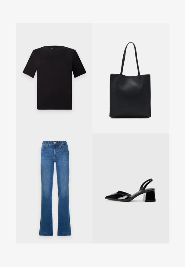 T-shirt preta de mangas curtas com decote redondo, feita de tecido de algodão suave. Design simples, sem logótipos ou padrões visíveis.; Jeans azuis boca de sino feitos de denim, apresentando um design clássico de cinco bolsos, um fecho frontal com botão e áreas ligeiramente desgastadas nas coxas.; Sandy em verniz preto com salto slingback, ponta afilada e salto geométrico. Apresenta um design elegante e minimalista com textura suave.; Bolsa tote preta em couro com textura lisa, forma retangular e duas alças longas. Sem hardware ou enfeites visíveis.