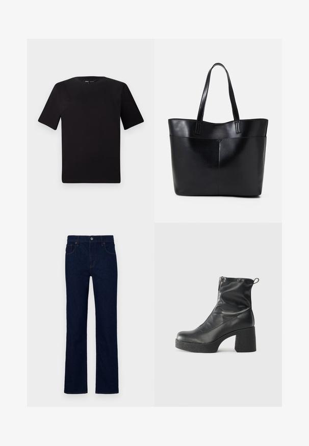 Tricou scurt negru cu mânecă scurtă și guler rotund, realizat dintr-un material de bumbac moale. Design simplu, fără logo-uri sau modele vizibile.; Jeans de culoare albastru închis, cu o tăietură dreaptă, realizate din material denim. Caracteristici includ închidere cu buton în față și cinci buzunare.; Bocanci negri de glezna din piele netedă, cu fermoar lateral, toc texturat și masiv, și design cu vârf rotund.; Geantă oversized din piele neagră, cu două mânere lungi, de textură netedă și formă structurată. Are un buzunar frontal pentru stocare suplimentară.