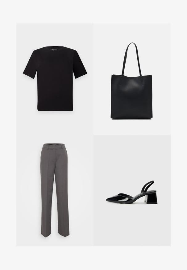 Črna majica s kratkimi rokavi in okroglim izrezom, izdelana iz mehkega bombažnega materiala. Preprost dizajn, brez vidnih logotipov ali vzorcev.; Sive usnjene hlače s pravim krojem, z vijaki za pas in gladko teksturo tkanine. Brez vidnih vzorcev ali okrasnih detajlov.; Črne lakirane slingback pete s koničastim nosom in geometrijsko blokasto peto. Imajo eleganten, minimalističen dizajn in gladko teksturo.; Črna usnjena torba s svilnato teksturo, pravokotne oblike in dvema dolgima ročajema. Brez vidnih metalnih delov ali okrasnih elementov.