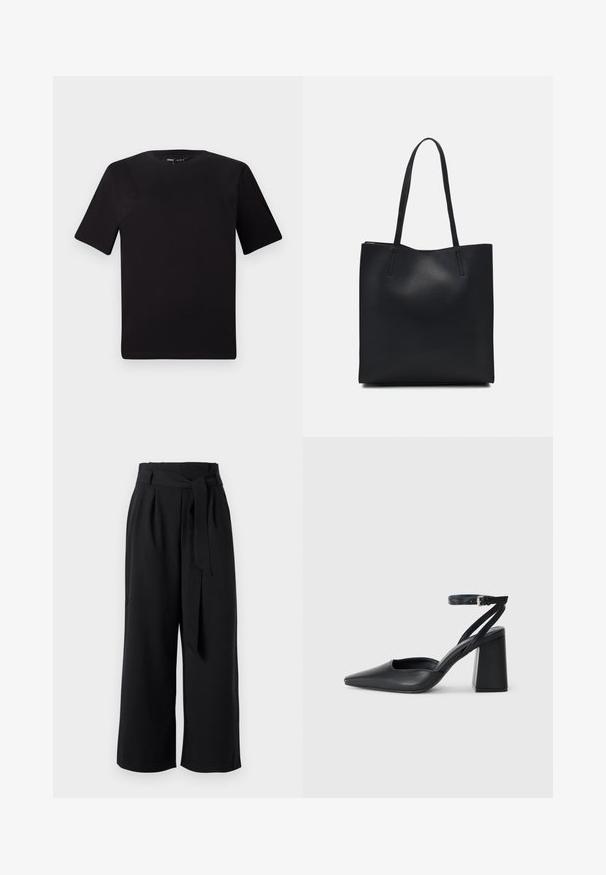 Černé tričko s krátkým rukávem a kulatým výstřihem, vyrobené z měkké bavlněné látky. Jednoduchý design, žádné viditelné logo nebo vzory.; Černé kalhoty s širokým střihem vyrobené z lehké tkaniny, s páskem na zavázání, sklady a zkráceným střihem nad kotníkem.; Černé kožené lodičky se špičatou špičkou, kotníkovým páskem a silným podpatkem. Hladká textura, elegantní design a minimalistická estetika.; Černá kožená taška přes rameno s hladkým povrchem, obdélníkovým tvarem a dvěma dlouhými uchy. Žádné viditelné kování ani ozdoby.