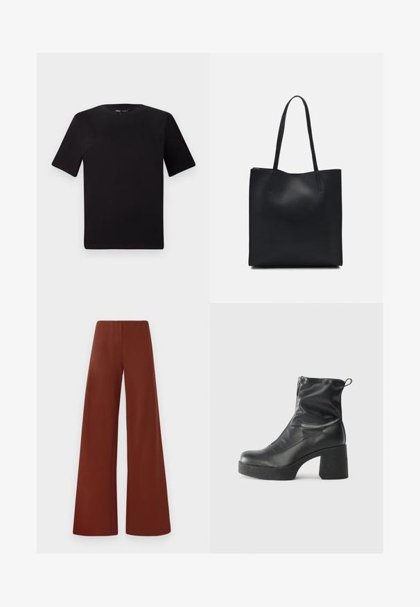 Črna majica s kratkimi rokavi in okroglim izrezom, izdelana iz mehkega bombažnega materiala. Preprost dizajn, brez vidnih logotipov ali vzorcev.; Hlače širokih nogavic iz gladkega materiala v bogati, temni rjavi barvi. Imajo visok pas in čiste linije brez vidnih zaponk.; Črne gležnjarje iz gladke kože z božnim zadrgo, masivnim teksturiranim peto in zaobljeno obliko prstov.; Črna usnjena torba s svilnato teksturo, pravokotne oblike in dvema dolgima ročajema. Brez vidnih metalnih delov ali okrasnih elementov.