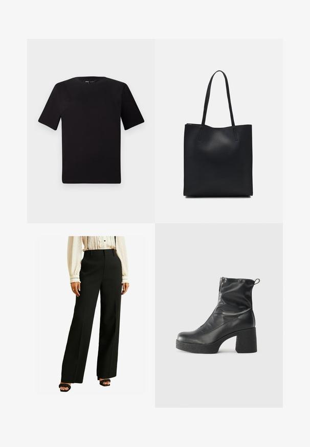 Črna majica s kratkimi rokavi in okroglim izrezom, izdelana iz mehkega bombažnega materiala. Preprost dizajn, brez vidnih logotipov ali vzorcev.; Črne hlače z visokim pasom in širokimi nogami, gladke teksture in natančnega kroja. V kombinaciji s kremasto bluzo z čipkastimi poudarki in gumbi.; Črne gležnjarje iz gladke kože z božnim zadrgo, masivnim teksturiranim peto in zaobljeno obliko prstov.; Črna usnjena torba s svilnato teksturo, pravokotne oblike in dvema dolgima ročajema. Brez vidnih metalnih delov ali okrasnih elementov.