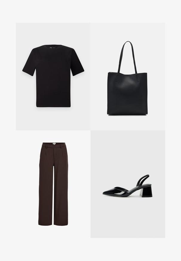 Camiseta negra de manga corta con cuello redondo, fabricada en suave algodón. Diseño simple, sin logos ni patrones visibles.; Object OBJLISA WIDE NOOS - Pantalones - java; Zapatos de tacón slingback de charol negro con punta afilada y tacón geométrico en bloque. Presentan un diseño elegante y minimalista, así como una textura suave.; Bolso tote de cuero negro con textura lisa, forma rectangular y dos asas largas. Sin herrajes ni adornos visibles.