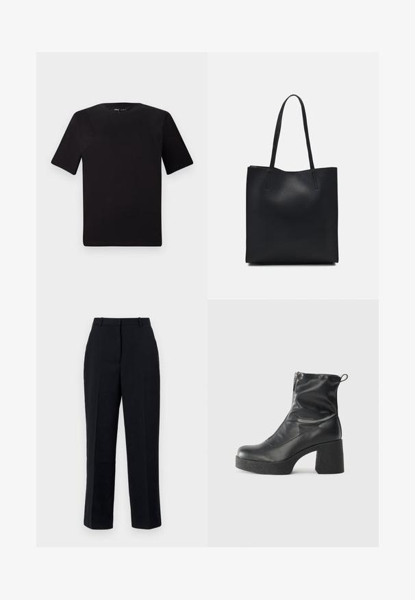 Black short-sleeve t-shirt with a round neckline, crafted from soft cotton fabric. Simple design, no visible logos or patterns.; Black trousers with a straight cut, featuring a smooth fabric, crease detail, belt loops, and side pockets. Suitable for formal wear.; Black ankle boots made of smooth leather, featuring a side zipper, chunky textured heel, and rounded toe design.; Black leather tote bag with smooth texture, rectangular shape, and two long handles. No visible hardware or embellishments.